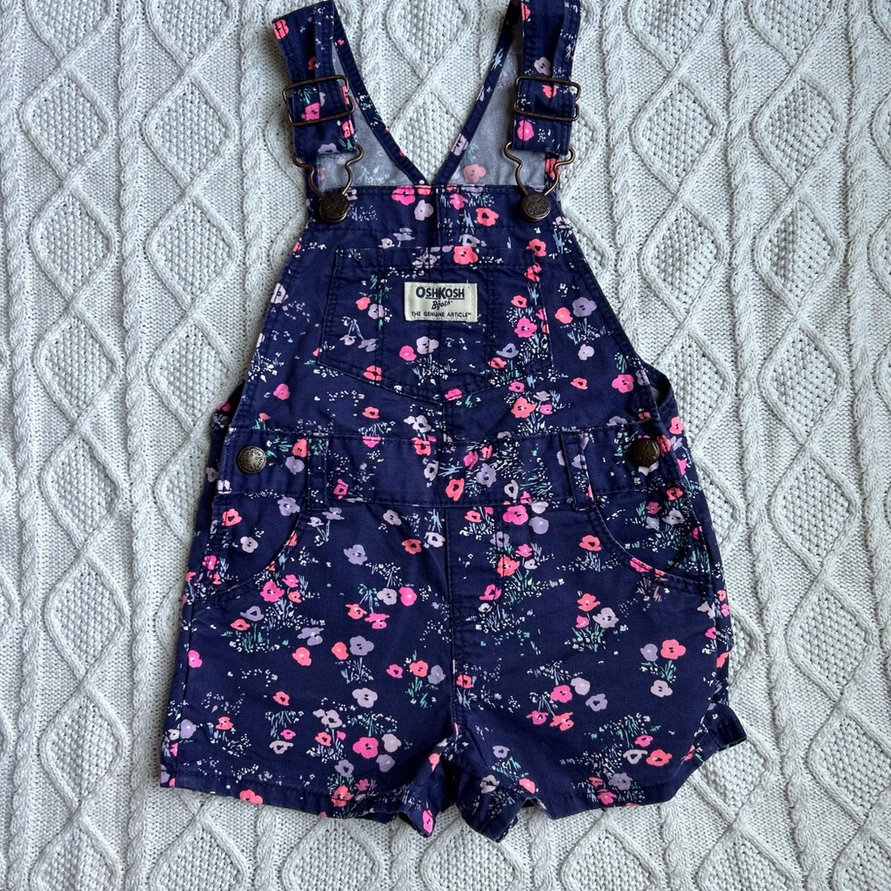 OshKosh B'gosh Navy Floral Short Overalls with Pink Accents